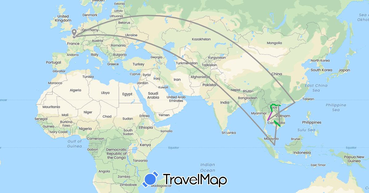 TravelMap itinerary: driving, bus, plane, train in France, Cambodia, Laos, Singapore, Thailand, Vietnam (Asia, Europe)